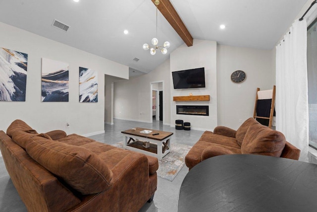 7143 Kc Ranch Ct, Temple, TX 76501 - living room featuring visible vents, baseboards, beamed ceiling, recessed lighting, and a glass covered fireplace