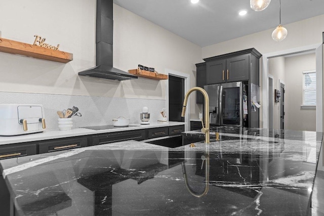 7143 Kc Ranch Ct, Temple, TX 76501 - kitchen with wall chimney range hood, open shelves, a sink, stainless steel fridge, and backsplash