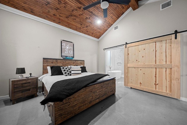 7143 Kc Ranch Ct, Temple, TX 76501 - bedroom with high vaulted ceiling, a barn door, visible vents, and wooden ceiling