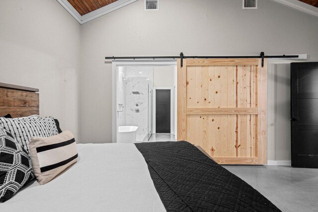 7143 Kc Ranch Ct, Temple, TX 76501 - bedroom featuring ensuite bath, visible vents, a barn door, and vaulted ceiling