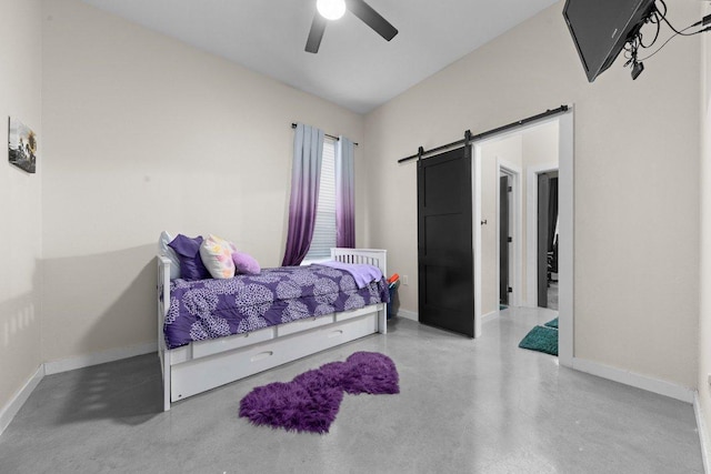 7143 Kc Ranch Ct, Temple, TX 76501 - bedroom with concrete floors, baseboards, a ceiling fan, and a barn door