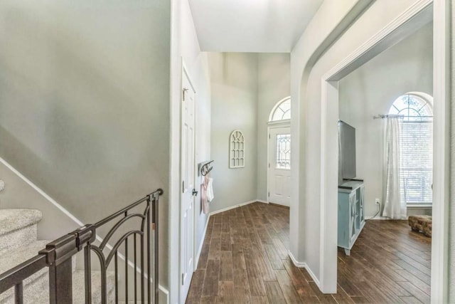 1515 Kothman Dr, Hutto, TX 78634 - foyer featuring healthy amount of natural light, dark wood finished floors, stairs, and baseboards