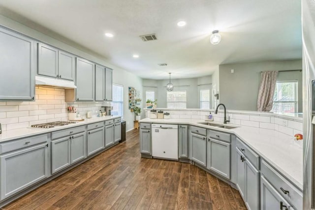 1515 Kothman Dr, Hutto, TX 78634 - kitchen with white dishwasher, gray cabinets, a sink, dark wood-style floors, and backsplash