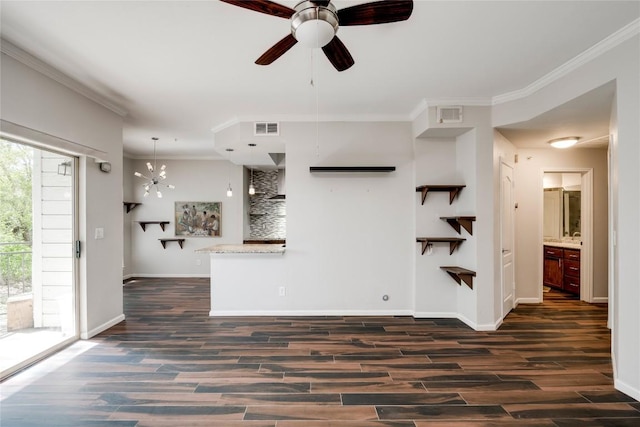 6000 Shepherd Mountain Cv Unit 407, Austin, TX 78730 - unfurnished living room with dark wood-style flooring, a ceiling fan, ornamental molding, and baseboards