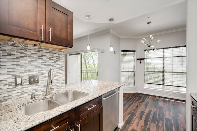 6000 Shepherd Mountain Cv Unit 407, Austin, TX 78730 - kitchen with dishwasher, a sink, backsplash, dark wood-style flooring, and crown molding