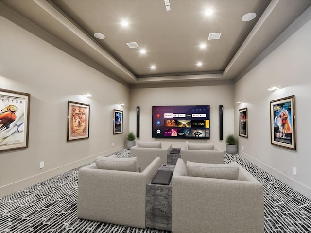 4800 Mondonedo Cv, Austin, TX 78738 - home theater room with carpet, a tray ceiling, and recessed lighting