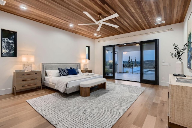 4800 Mondonedo Cv, Austin, TX 78738 - bedroom featuring access to outside, wooden ceiling, recessed lighting, baseboards, and light wood-style floors