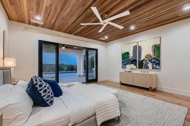 4800 Mondonedo Cv, Austin, TX 78738 - bedroom with access to exterior, light wood-style flooring, baseboards, wooden ceiling, and recessed lighting