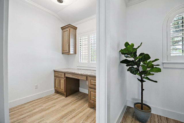 5200 Patagonia Pass, Austin, TX 78738 - unfurnished office with crown molding, built in study area, light wood-style flooring, and baseboards