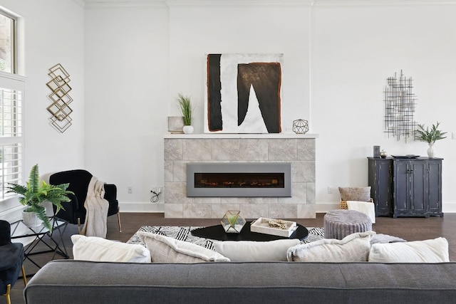 5200 Patagonia Pass, Austin, TX 78738 - living area featuring a tiled fireplace, ornamental molding, baseboards, wood finished floors, and healthy amount of natural light