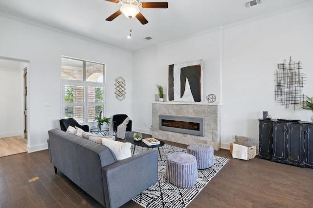 5200 Patagonia Pass, Austin, TX 78738 - living area with dark wood-style floors, crown molding, ceiling fan, a fireplace, and baseboards
