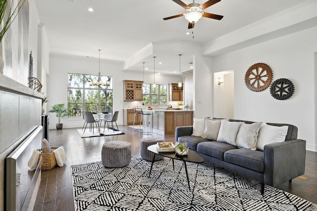 5200 Patagonia Pass, Austin, TX 78738 - living room featuring ceiling fan, dark wood-style floors, recessed lighting, a chandelier, and baseboards