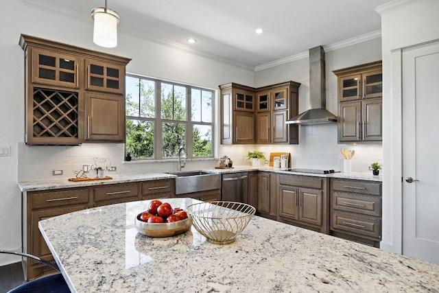 5200 Patagonia Pass, Austin, TX 78738 - kitchen featuring wall chimney exhaust hood, a sink, dishwasher, tasteful backsplash, and ornamental molding