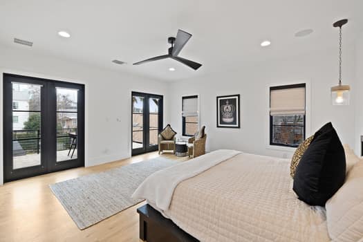 802 Pressler St, Austin, TX 78703 - bedroom with french doors, access to outside, light wood-style floors, recessed lighting, and ceiling fan