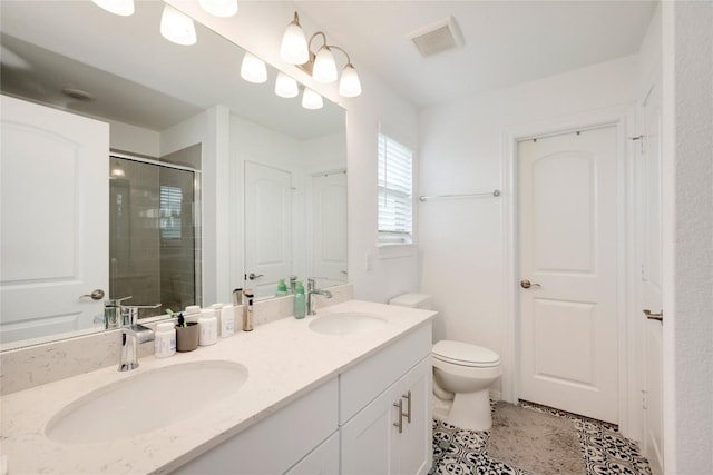 bathroom with visible vents, a shower stall, toilet, and a sink