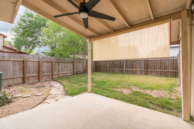 8902 Trone Cir Unit A, Austin, TX 78758 - fenced backyard with a ceiling fan and a patio area
