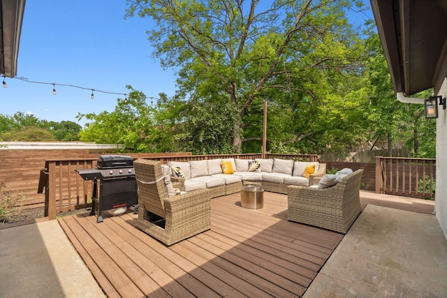1803 Cedar Ridge Dr, Austin, TX 78741 - deck with an outdoor living space, a fenced backyard, and area for grilling