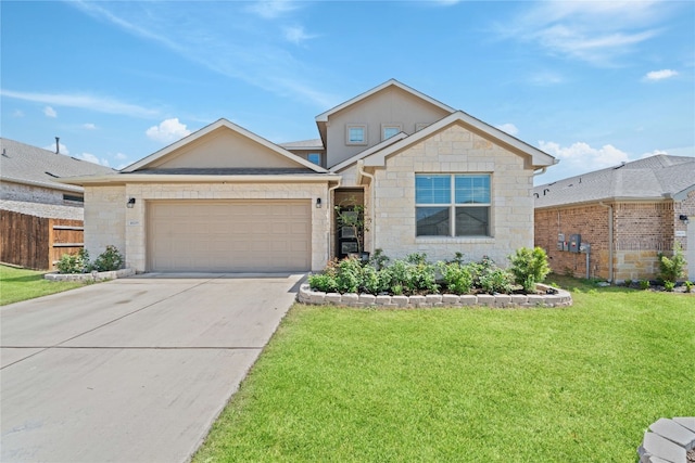 18005 Umberto Dr, Pflugerville, TX 78660 - view of front facade featuring an attached garage, stone siding, and driveway