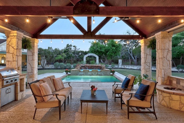 1310 Ventana Cyn, Leander, TX 78641 - fenced backyard with a gazebo, area for grilling, an outdoor pool, and a patio