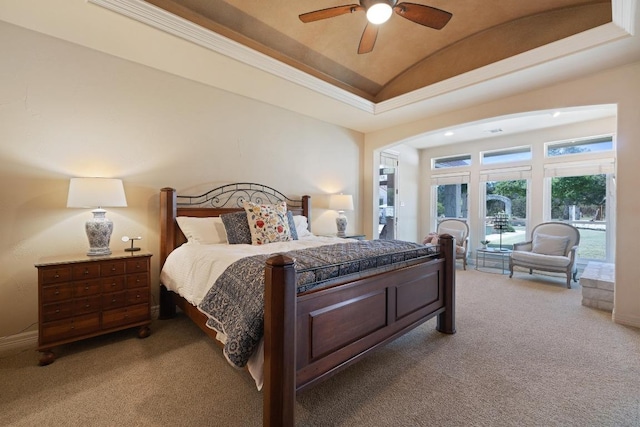 1310 Ventana Cyn, Leander, TX 78641 - carpeted bedroom with lofted ceiling, access to exterior, a ceiling fan, and crown molding