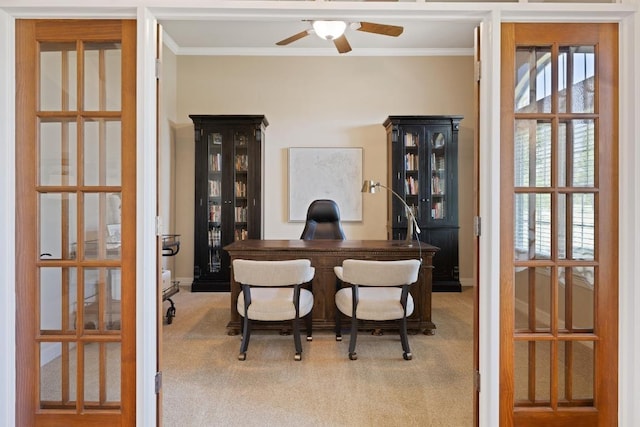 1310 Ventana Cyn, Leander, TX 78641 - carpeted office space with ornamental molding and a ceiling fan