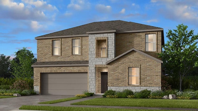 1400 Purple Martin Dr, Pflugerville, TX 78660 - traditional-style house featuring an attached garage, driveway, a front lawn, and brick siding