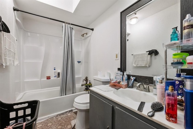 full bath with toilet, shower / bath combo, and vanity