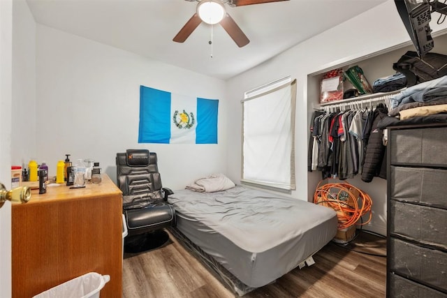 bedroom featuring wood finished floors, a closet, and a ceiling fan