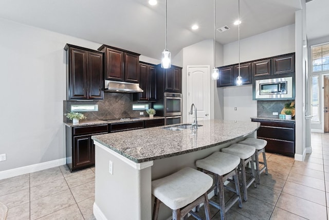 7817 Aria Loop, Austin, TX 78736 - kitchen featuring appliances with stainless steel finishes, a sink, under cabinet range hood, light stone countertops, and decorative backsplash