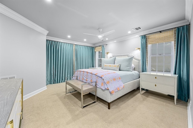 1307 Elton Ln, Austin, TX 78703 - bedroom featuring ornamental molding, light carpet, recessed lighting, and a ceiling fan