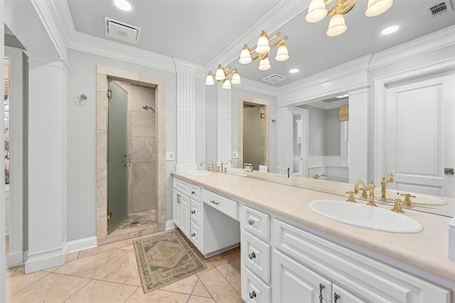 1307 Elton Ln, Austin, TX 78703 - full bath featuring double vanity, a shower stall, ornamental molding, a chandelier, and recessed lighting