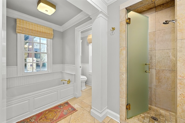 1307 Elton Ln, Austin, TX 78703 - full bathroom featuring a stall shower, a garden tub, crown molding, wainscoting, and tile patterned floors