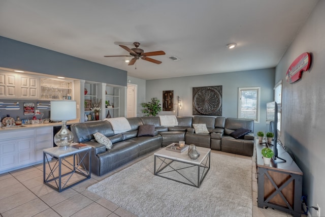 605 Port Unit 3, Horseshoe Bay, TX 78657 - living room featuring ceiling fan and light tile patterned flooring