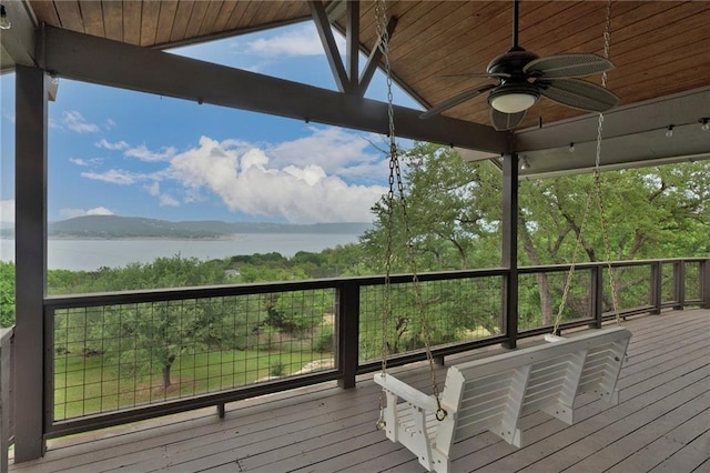5224 Mccormick Mountain Dr, Austin, TX 78734 - wooden terrace featuring a water view and a ceiling fan