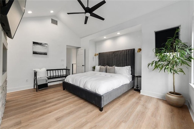 5224 Mccormick Mountain Dr, Austin, TX 78734 - bedroom featuring baseboards, light wood-type flooring, high vaulted ceiling, recessed lighting, and ceiling fan