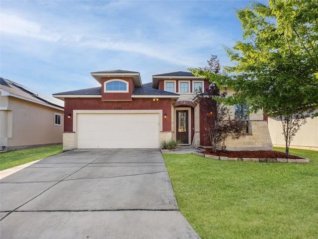 view of front of home featuring a front lawn, stucco siding, a garage, and concrete driveway