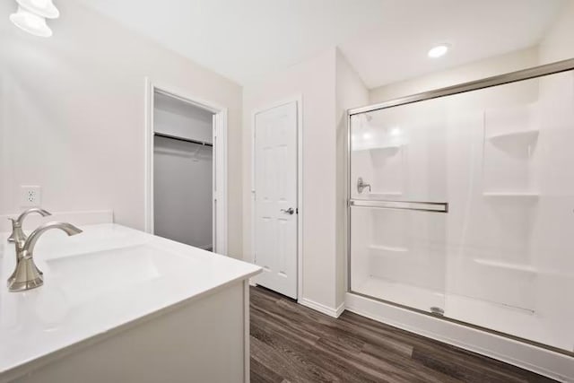 312 Singing Dove Way, Liberty Hill, TX 78642 - full bathroom with a stall shower, wood finished floors, vanity, and a spacious closet