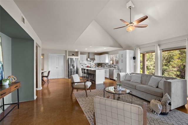 437 Venture Blvd S, Point Venture, TX 78645 - living room featuring a ceiling fan, high vaulted ceiling, and recessed lighting