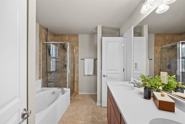 437 Venture Blvd S, Point Venture, TX 78645 - bathroom featuring a stall shower, double vanity, a bath, and plenty of natural light