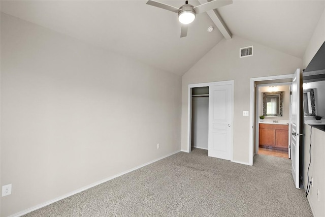 437 Venture Blvd S, Point Venture, TX 78645 - unfurnished bedroom with beam ceiling, light carpet, a closet, high vaulted ceiling, and ceiling fan