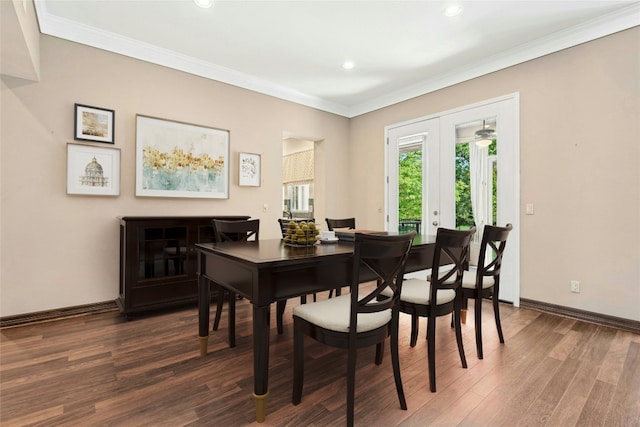 316 Trail Of The Flowers, Georgetown, TX 78633 - dining area with dark wood-style flooring, recessed lighting, and crown molding