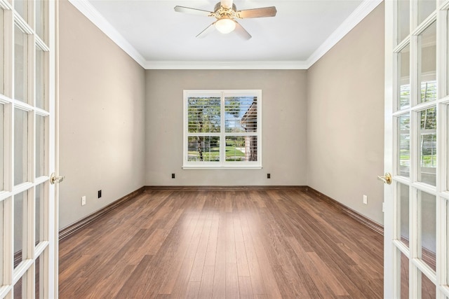 316 Trail Of The Flowers, Georgetown, TX 78633 - empty room featuring hardwood / wood-style flooring, a ceiling fan, crown molding, and french doors