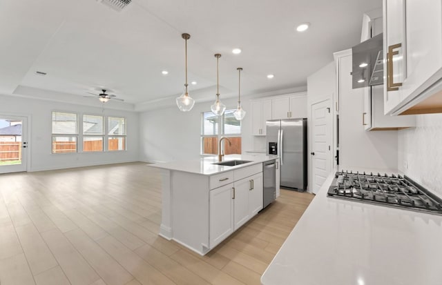 329 Singing Dove Way, Liberty Hill, TX 78642 - kitchen with appliances with stainless steel finishes, ceiling fan, light countertops, light wood finished floors, and white cabinets