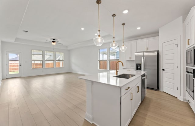 329 Singing Dove Way, Liberty Hill, TX 78642 - kitchen featuring appliances with stainless steel finishes, a raised ceiling, ceiling fan, light wood finished floors, and recessed lighting