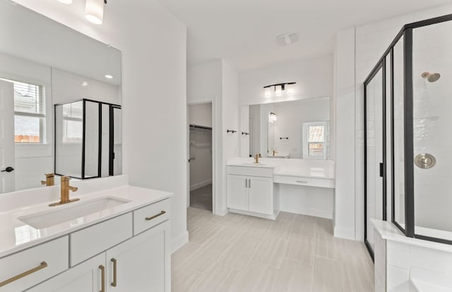 329 Singing Dove Way, Liberty Hill, TX 78642 - bathroom with a shower stall, plenty of natural light, and two vanities