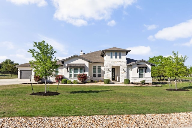 view of front of property with a chimney, concrete driveway, stone siding, and a front lawn