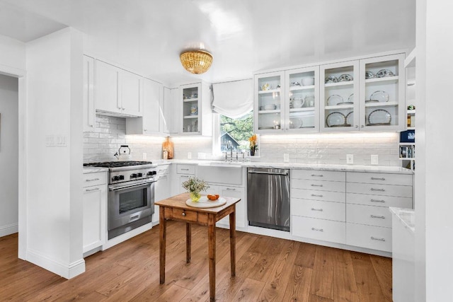 kitchen featuring backsplash, appliances with stainless steel finishes, wood finished floors, glass insert cabinets, and white cabinetry