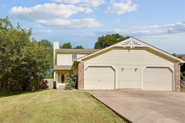 view of front of house with brick siding, a front lawn, an attached garage, and concrete driveway