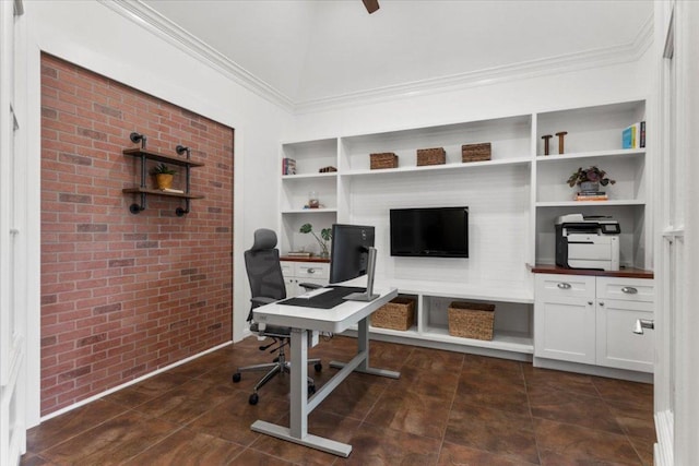 5909 Sunset Rdg, Austin, TX 78735 - home office with brick wall, built in features, crown molding, and dark tile patterned floors