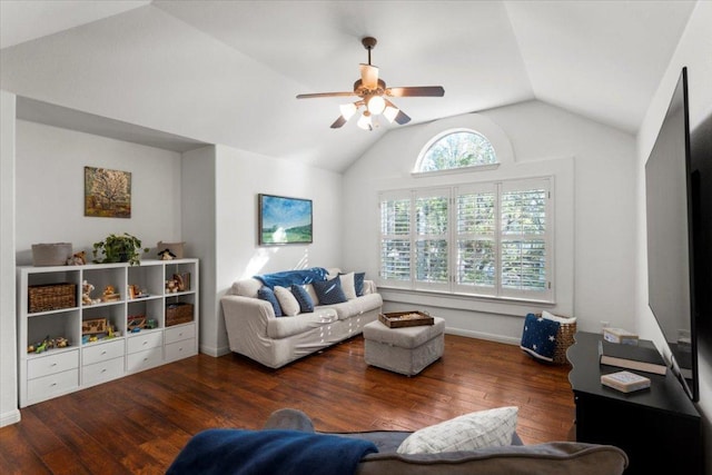 5909 Sunset Rdg, Austin, TX 78735 - living room featuring lofted ceiling, ceiling fan, and hardwood / wood-style flooring